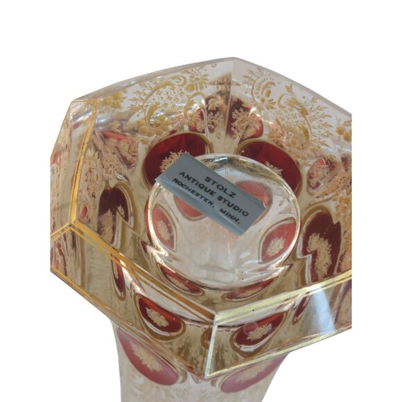 Antique Bohemian Crystal Bud Vase Clear Red Gold Etched Floral Design 9.75" Tall - Picture 10 of 13